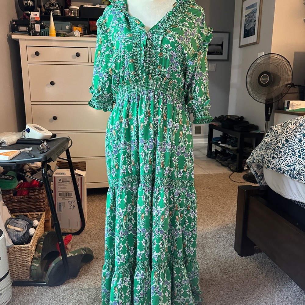 Max Studio Green and White Ruffled Tiered Sundress